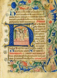 <p>De broeders verdienden onder andere de kost met het illustreren van handschriften. Afgebeeld is een pagina van een laat 15e-eeuws getijdenboek dat in de Zwolse Fraterhuizen is gemaakt (beeldbank HCO). </p>
